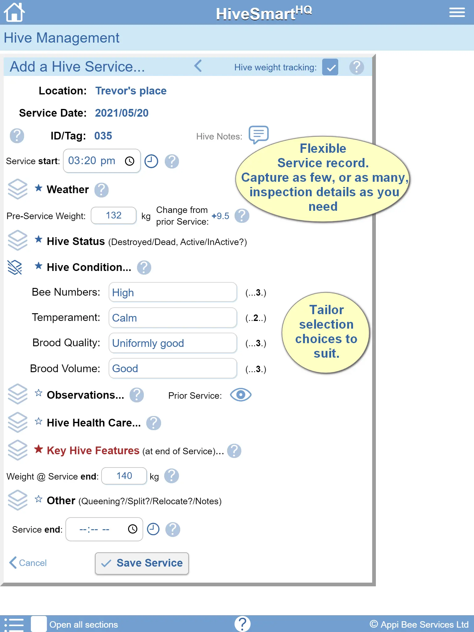 Data entry screen in the HiveSmartHQ hive inspection app