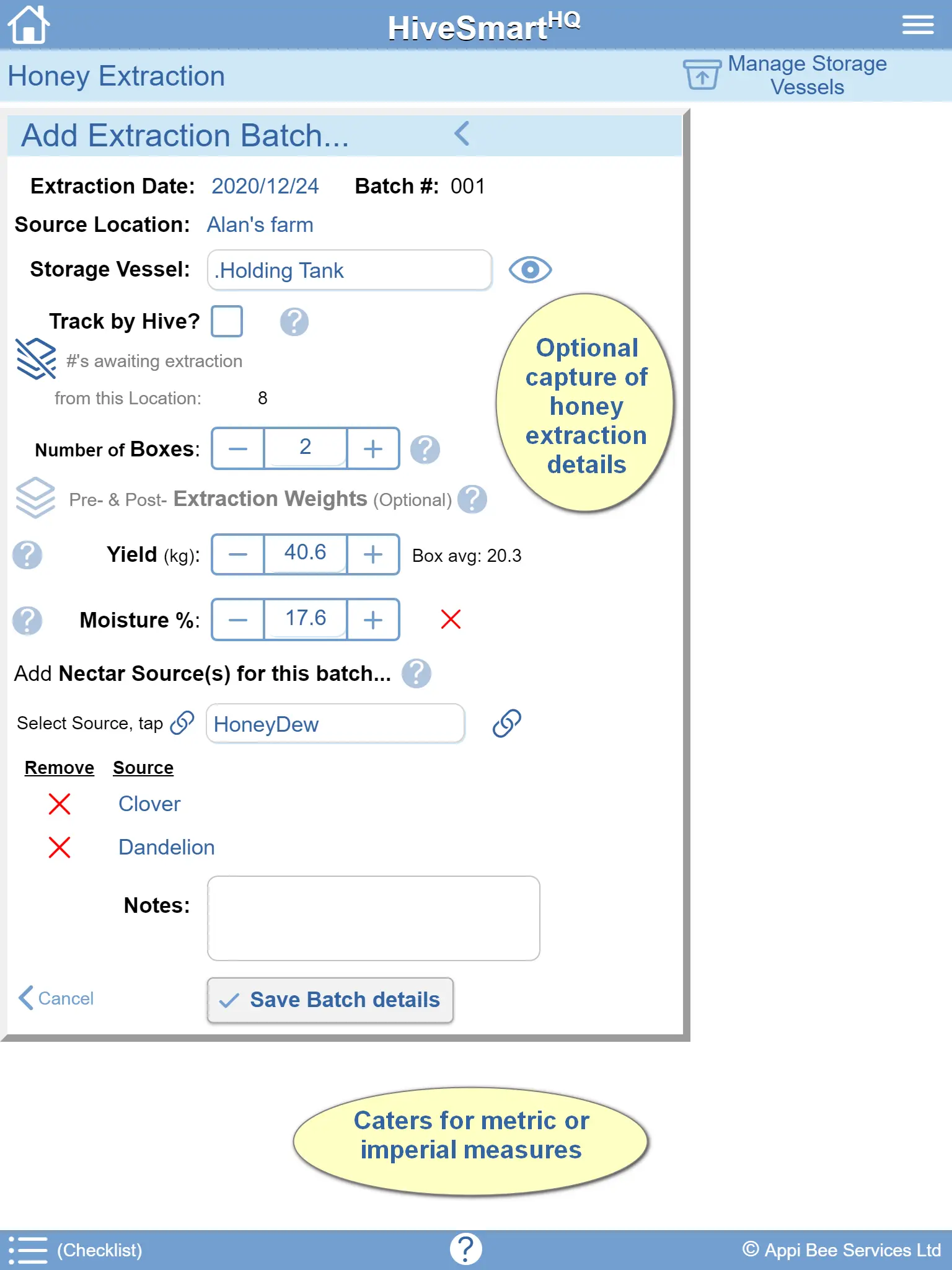 Beekeeper Production summary view in HiveSmartHQ